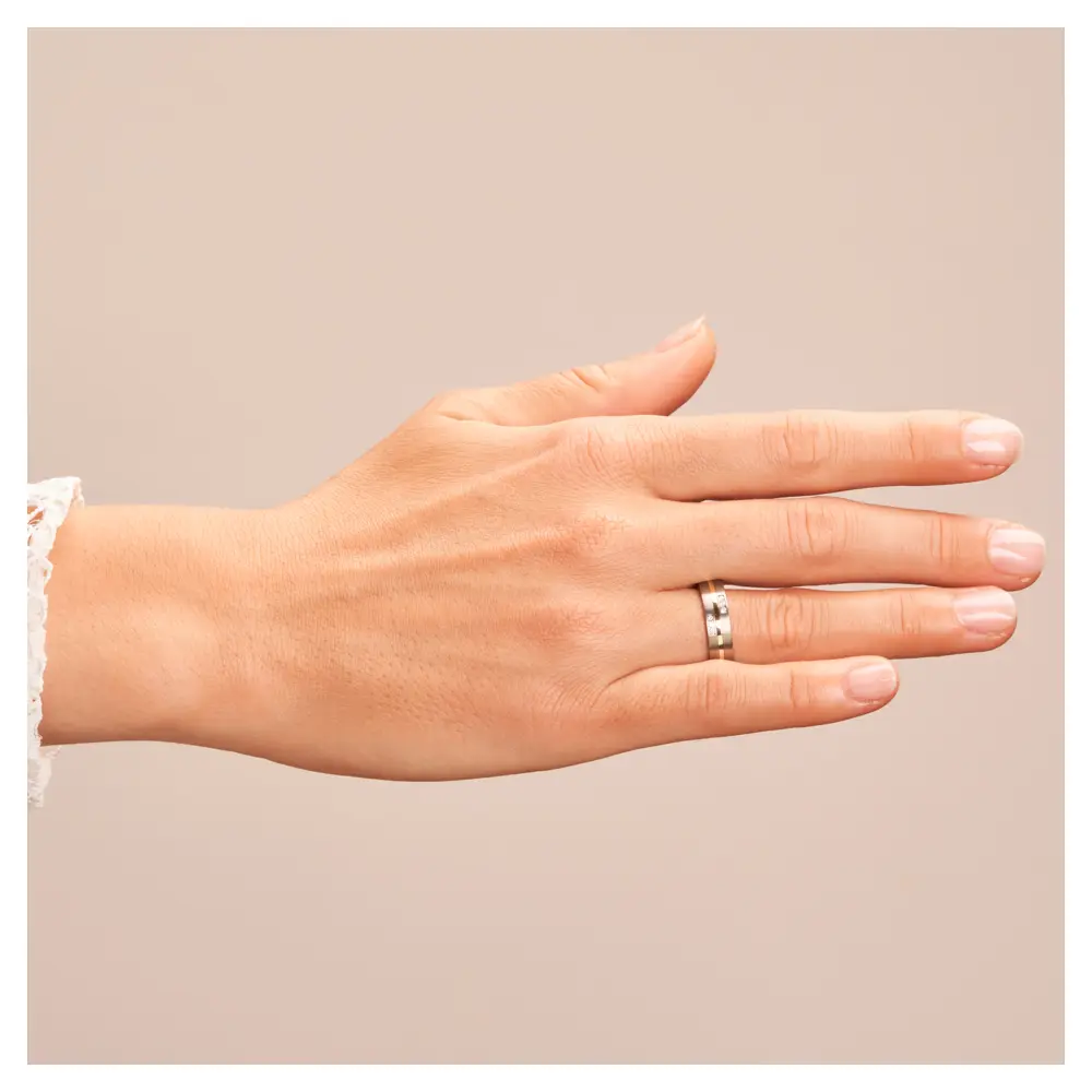 Titan & Gelbgold Trauringe mit 6 Diamanten in zwei Rillen auf Hand