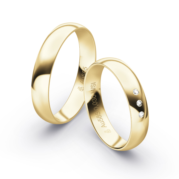 Aufnahme von polierten Gelbgold Eheringen mit 3 Diamanten in 4 mm Breite 