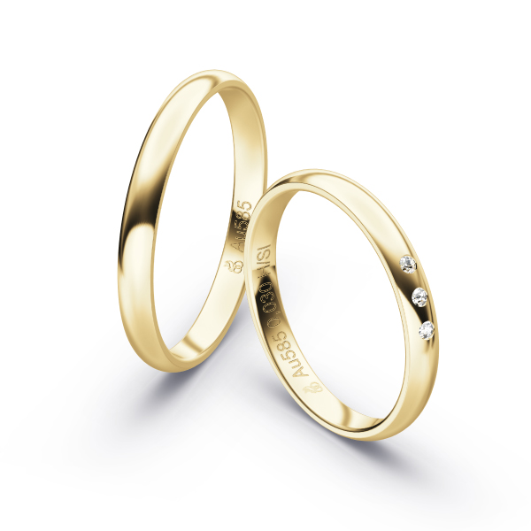 Gelbgold Eheringen mit 3 Diamanten in 2,5 mm Breite, poliert