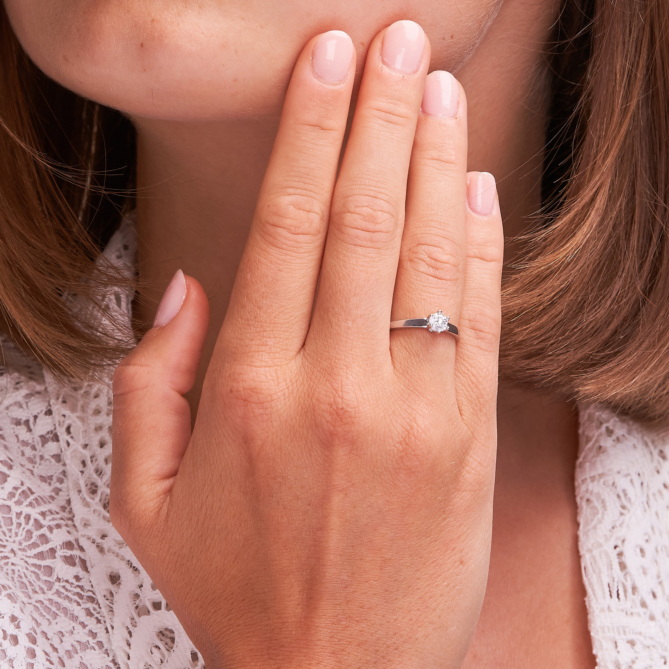 Aufnahme von Solitairering aus Weissgold mit großem Diamanten auf Hand