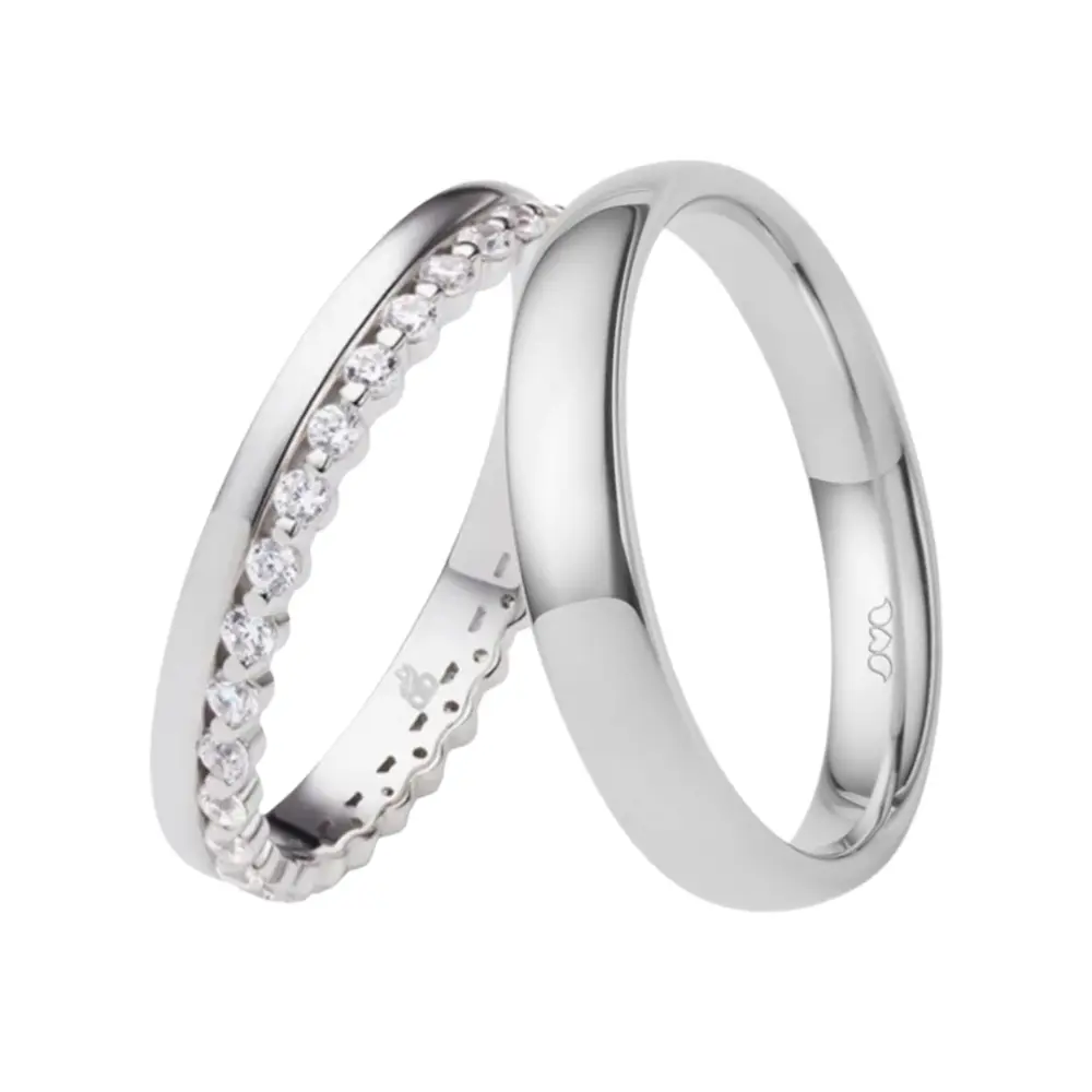 Polierte Eheringe aus rhodiniertem Silber 925 mit Zirkoniaband