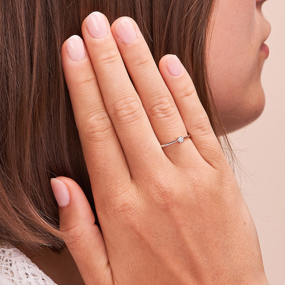 Aufnahme vom klassischen Solitairering aus Weissgold mit eingespanntem Diamanten auf Hand