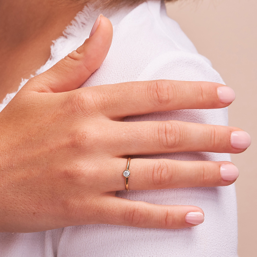 Aufnahme vom Schmuckring aus Gelbgold 585 mit Zirkonia in Zargenfassung auf Hand 