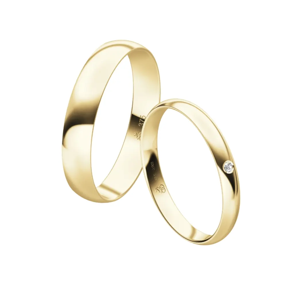 Gelbgold Eheringe in zwei Breiten - 2,5 mm und 4 mm mit Diamant im Damenring