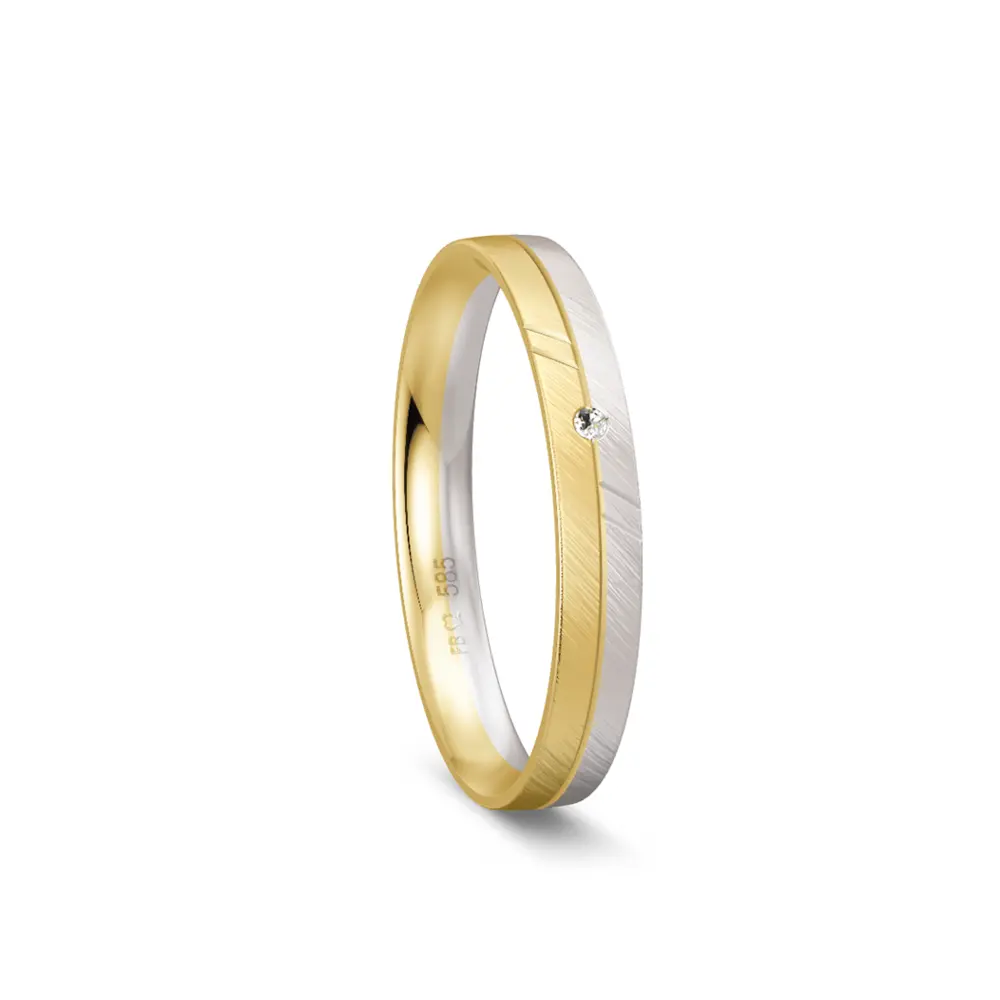 Trauring aus Gelbgold und Weißgold schmal quermatt mit Diamant