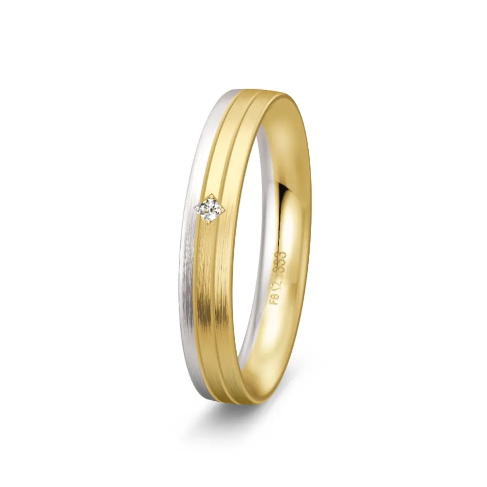 Trauring aus Gelbgold und Weißgold schmal längsmatt mit Diamant