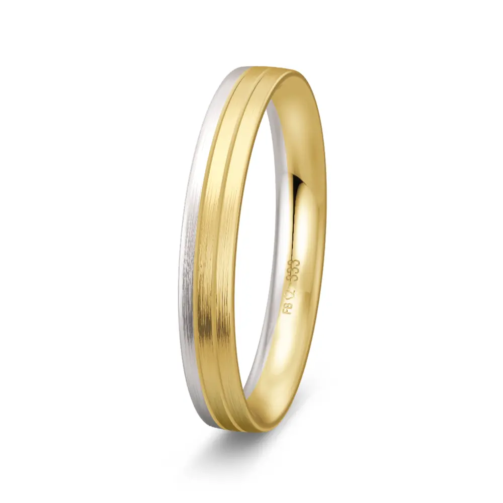 Trauringe aus Gelbgold und Weißgold schmal längsmatt