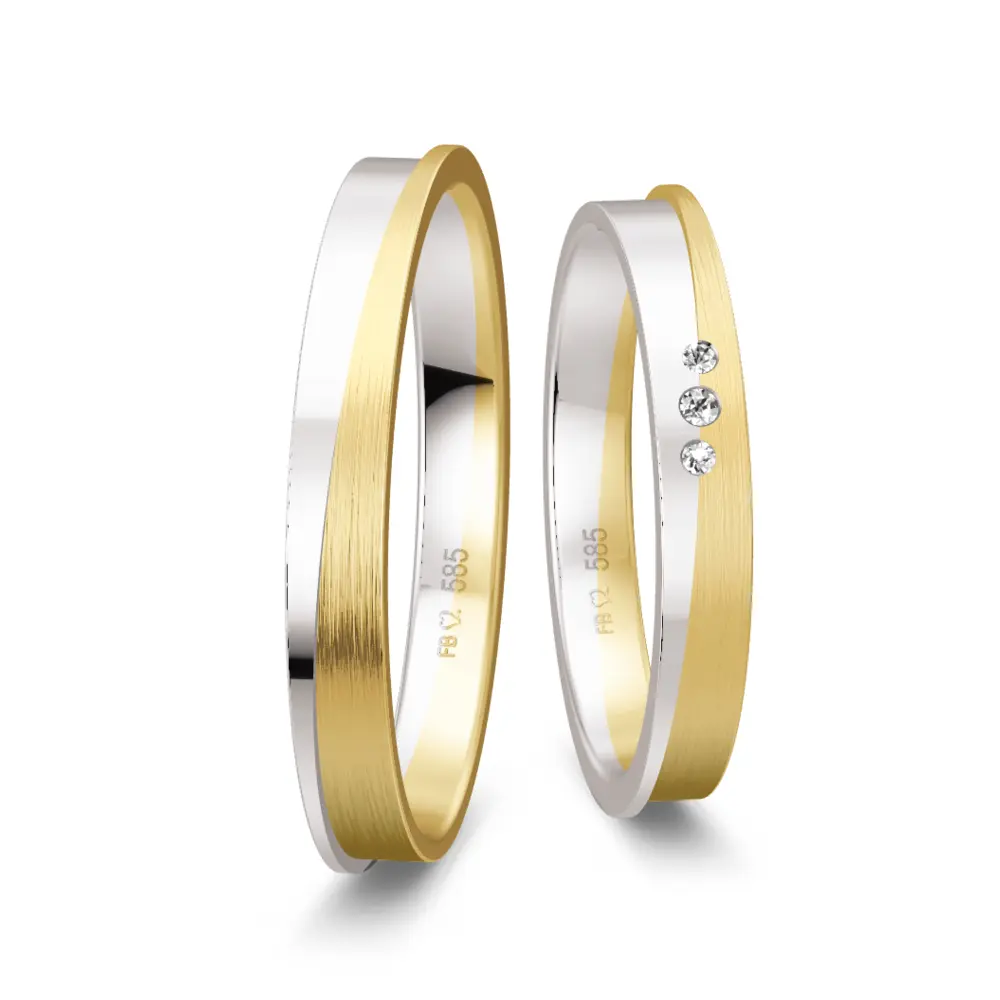 Gelbgold/Weißgold Trauringe matt poliert mit 3 Diamanten