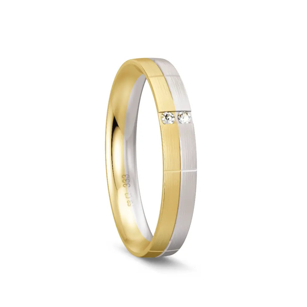 Trauring aus Gelbgold und Weißgold mattiert mit 2 Diamanten und Rillen