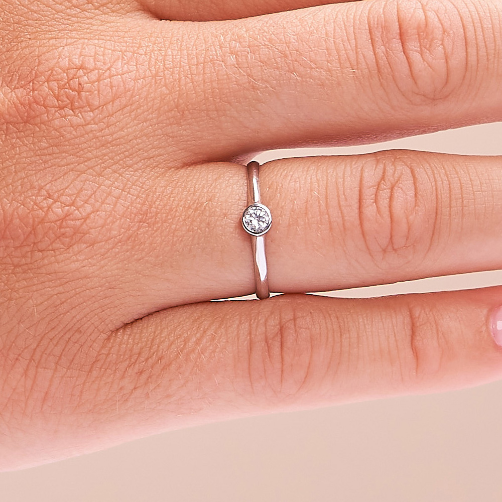Aufnahme vom Schmuckring aus Weißgold 585 mit Zirkonia in Zargenfassung auf Hand