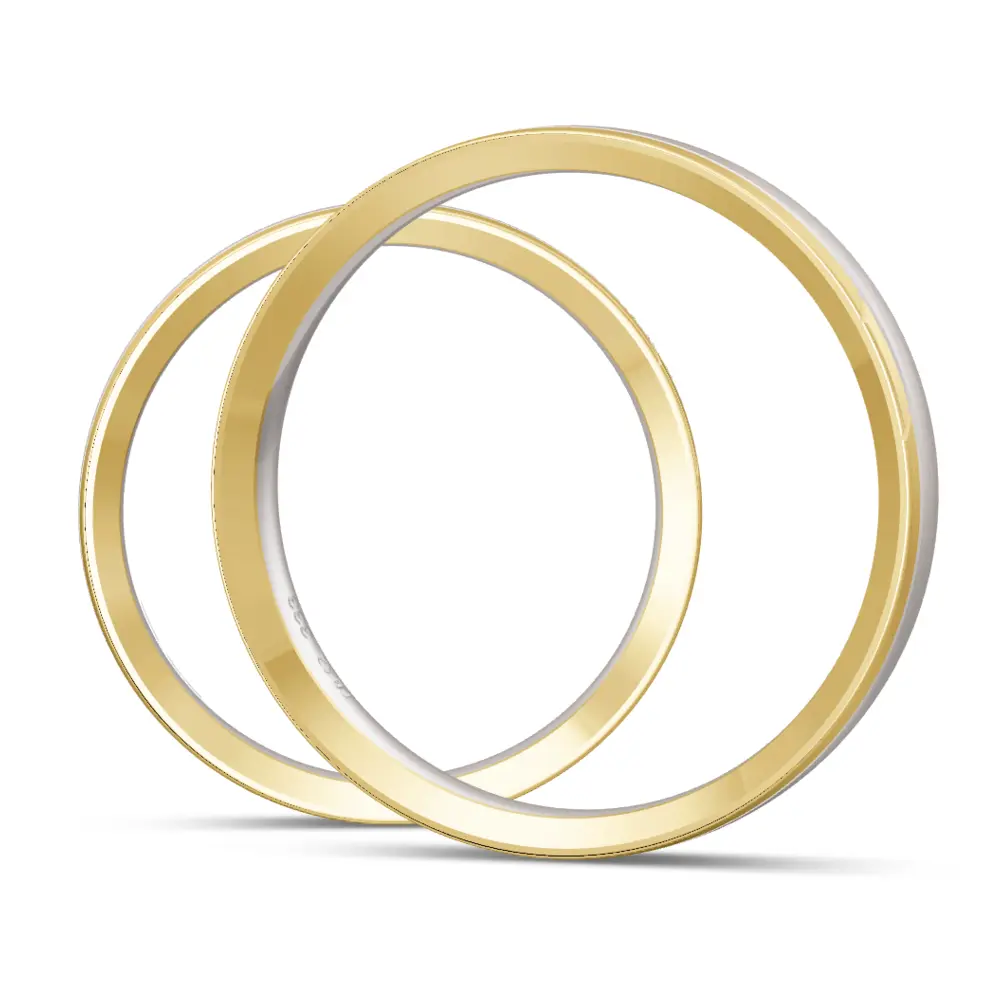 Trauringe matt aus Weißgold mit Streifen aus Gelbgold und 3 Diamanten seitlich