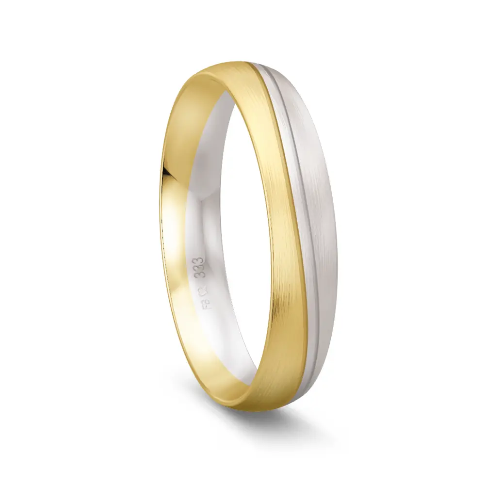 Eheringe aus Gelbgold und Weißgold matt gerundet mit 2 Rillen