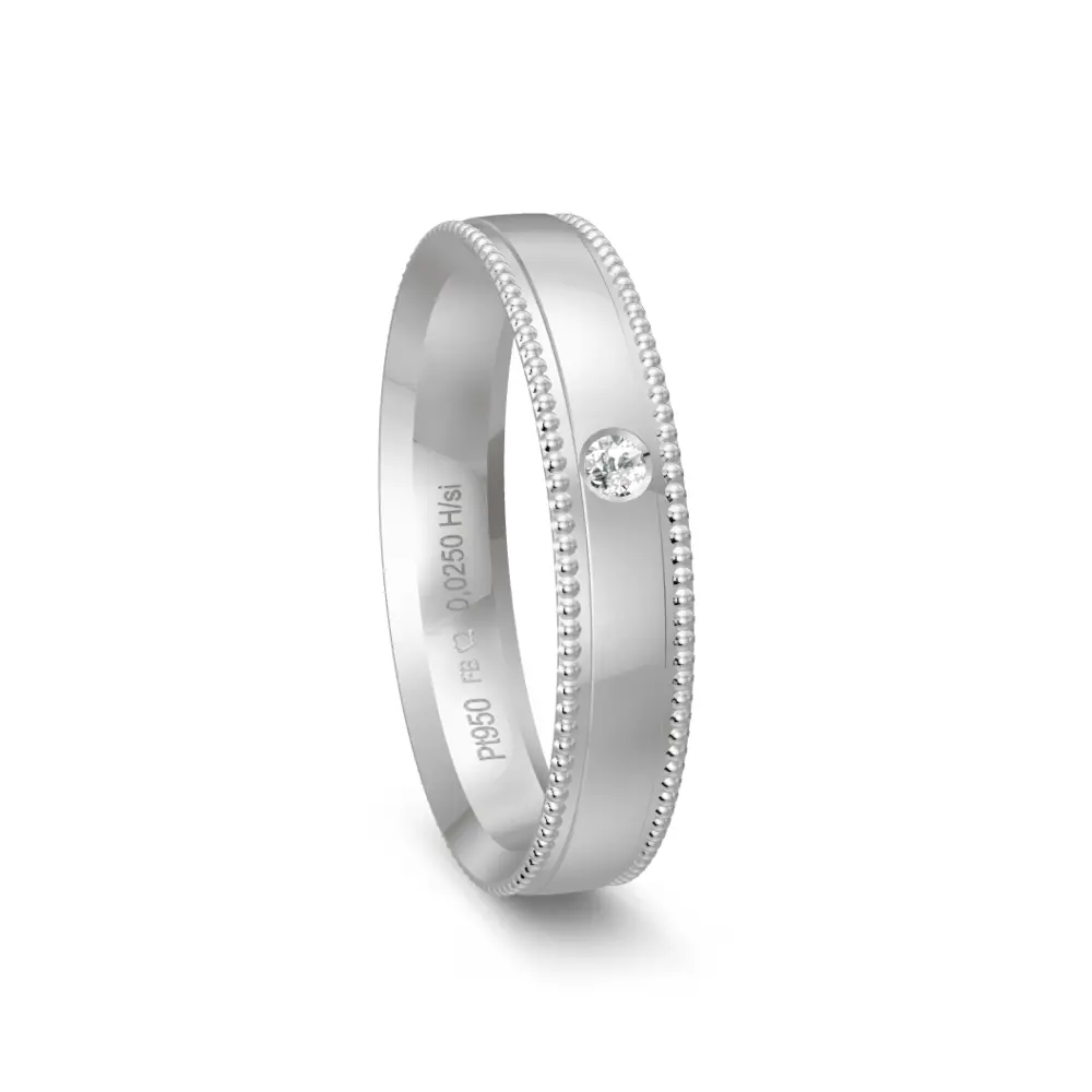 Ehering aus Platin poliert mit Diamanten und Millgriffmuster am Rand