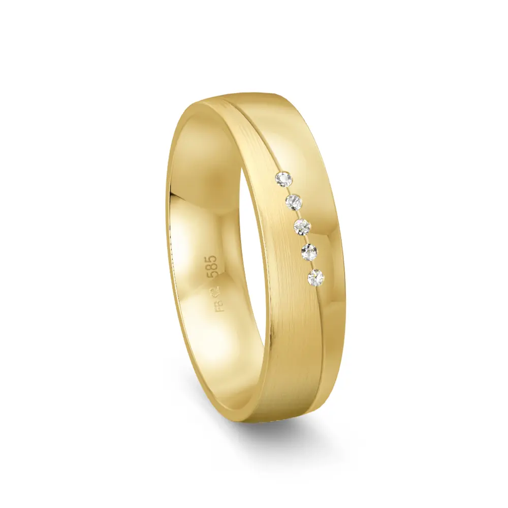 Trauring aus Gelbgold mit 5 Diamanten Polierung und Mattierung und Rillen