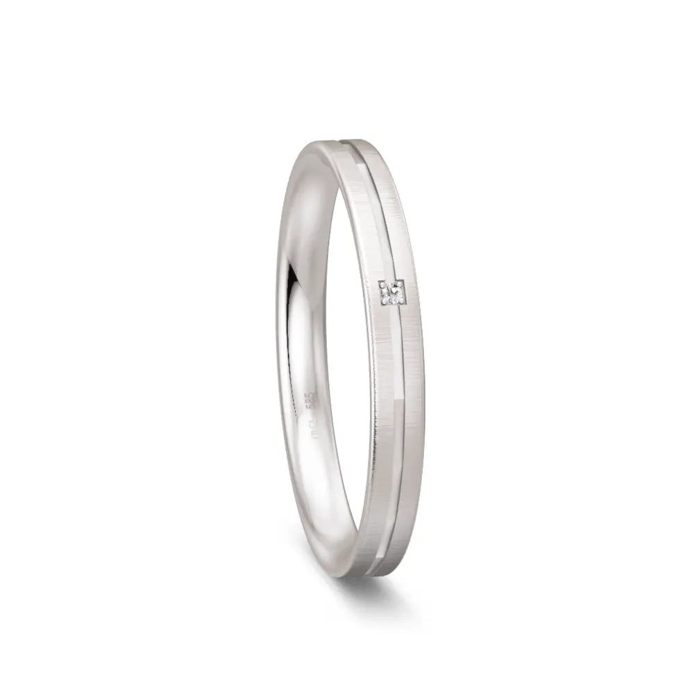 Ehering aus Weißgold quermatt schmal mit Diamanten und polierter Mittelrille