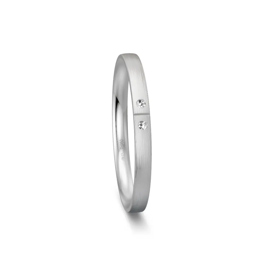 Platin Ehering mit 2 Diamanten und Querrille 2 mm breit