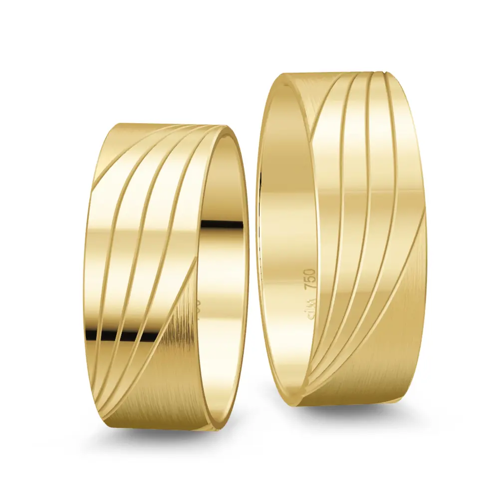 Gelbgold Eheringe breit mit poliertem Streifenmuster
