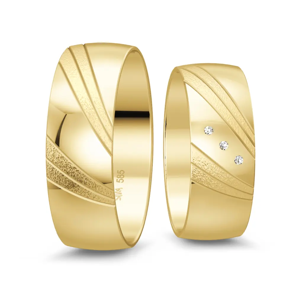 Gelbgold Trauringe poliert mit mattem Streifenmuster und Diamanten