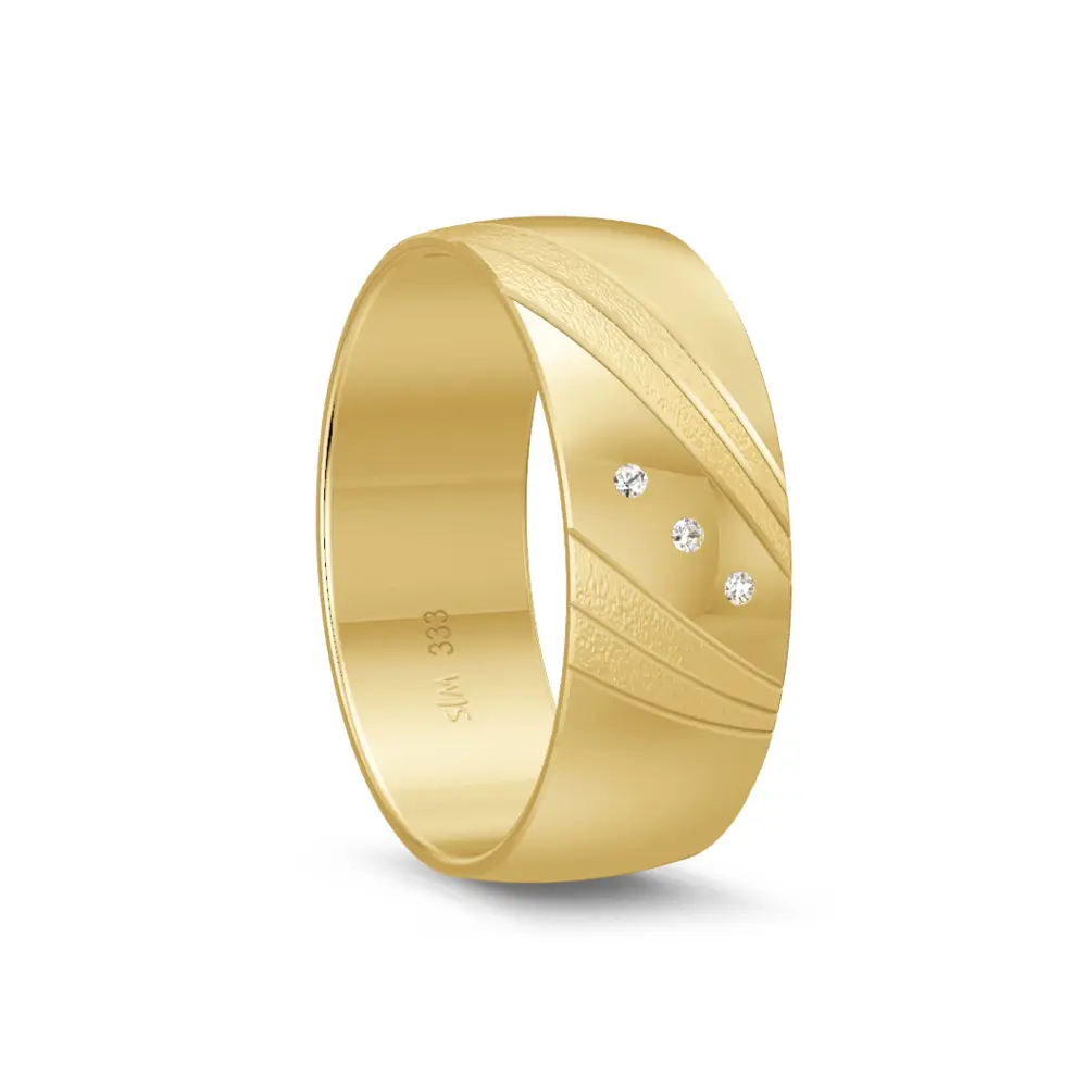 Gelbgold Trauring poliert mit mattem Streifenmuster und Diamanten