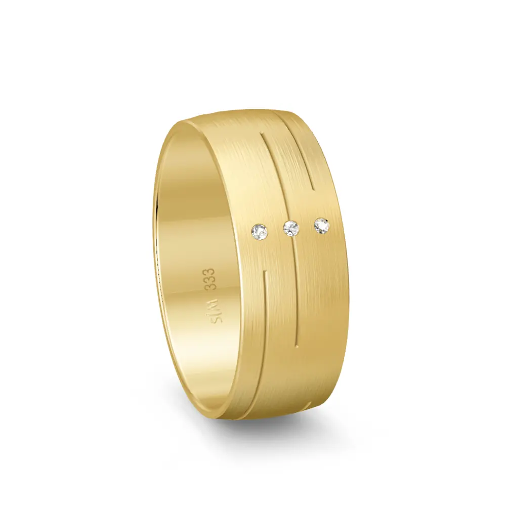 Gelbgold Trauring breit matt mit Rillenmuster und 3 Diamanten