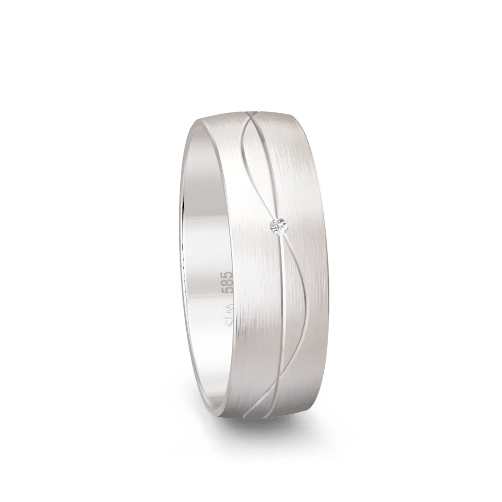 Weissgold Trauring mit Diamant und Rillenmuster breit matt