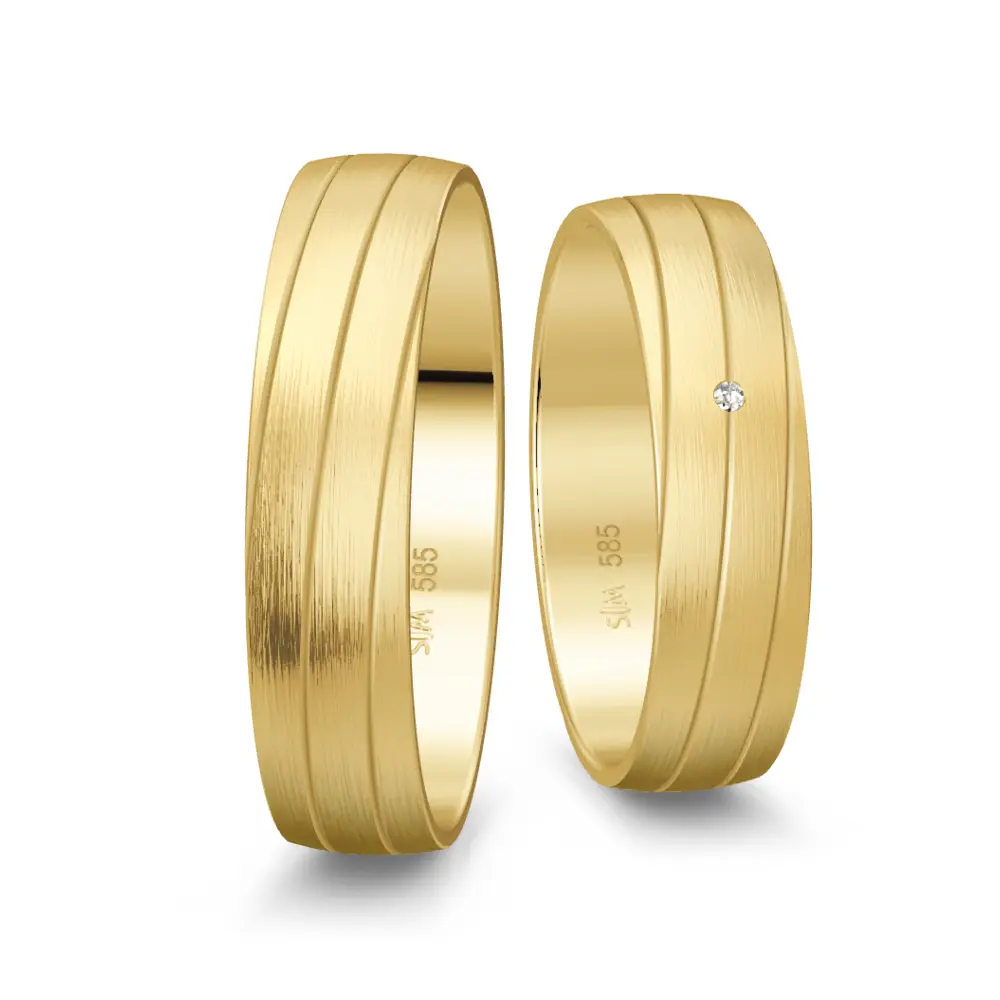 Gelbgold Trauringe matt mit Rillen und Diamanten
