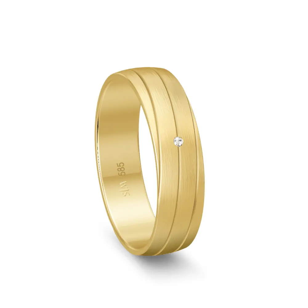 Gelbgold Trauring matt mit Rillen und Diamanten