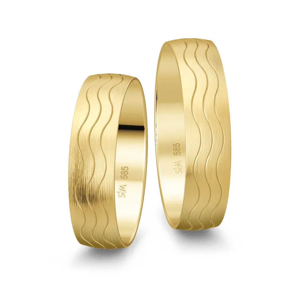 Trauringe in Gelbgold matt mit Wellenmuster