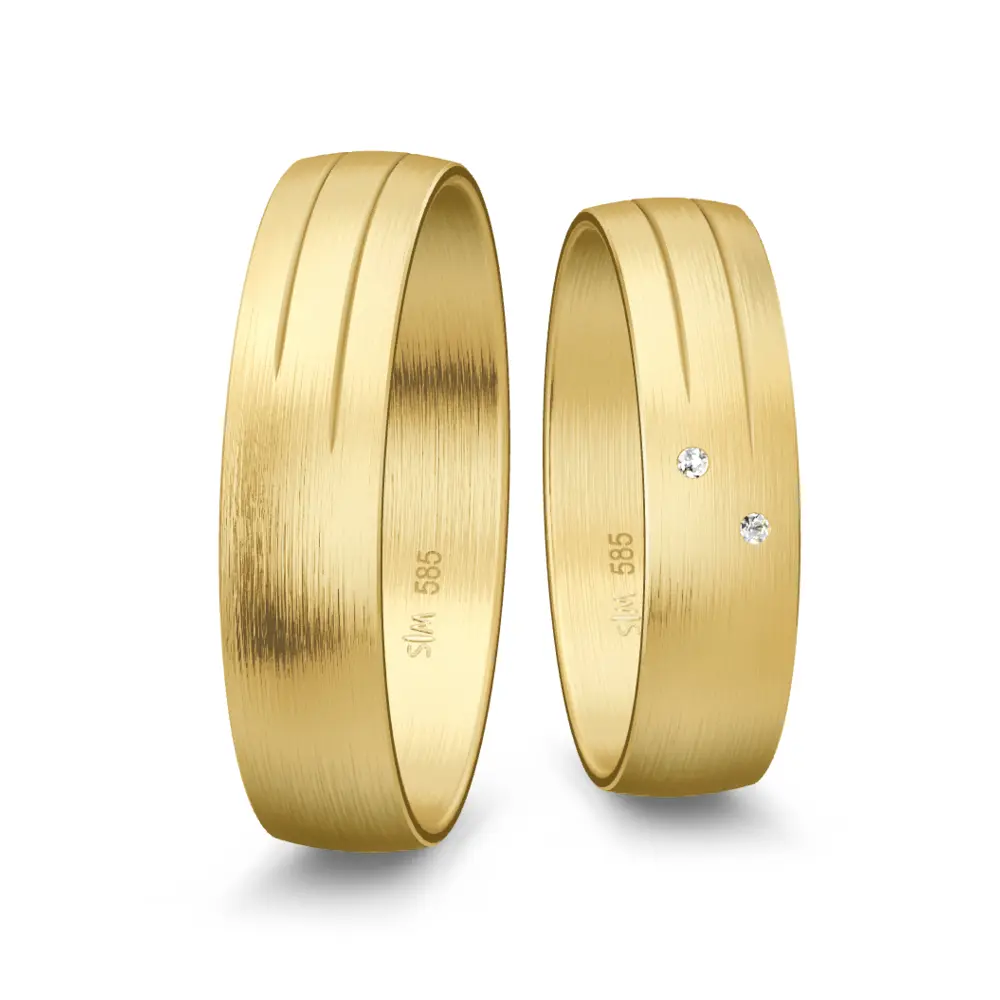 Gelbgold Eheringe längstmattiert mit 2 Rillen und 2 Diamanten