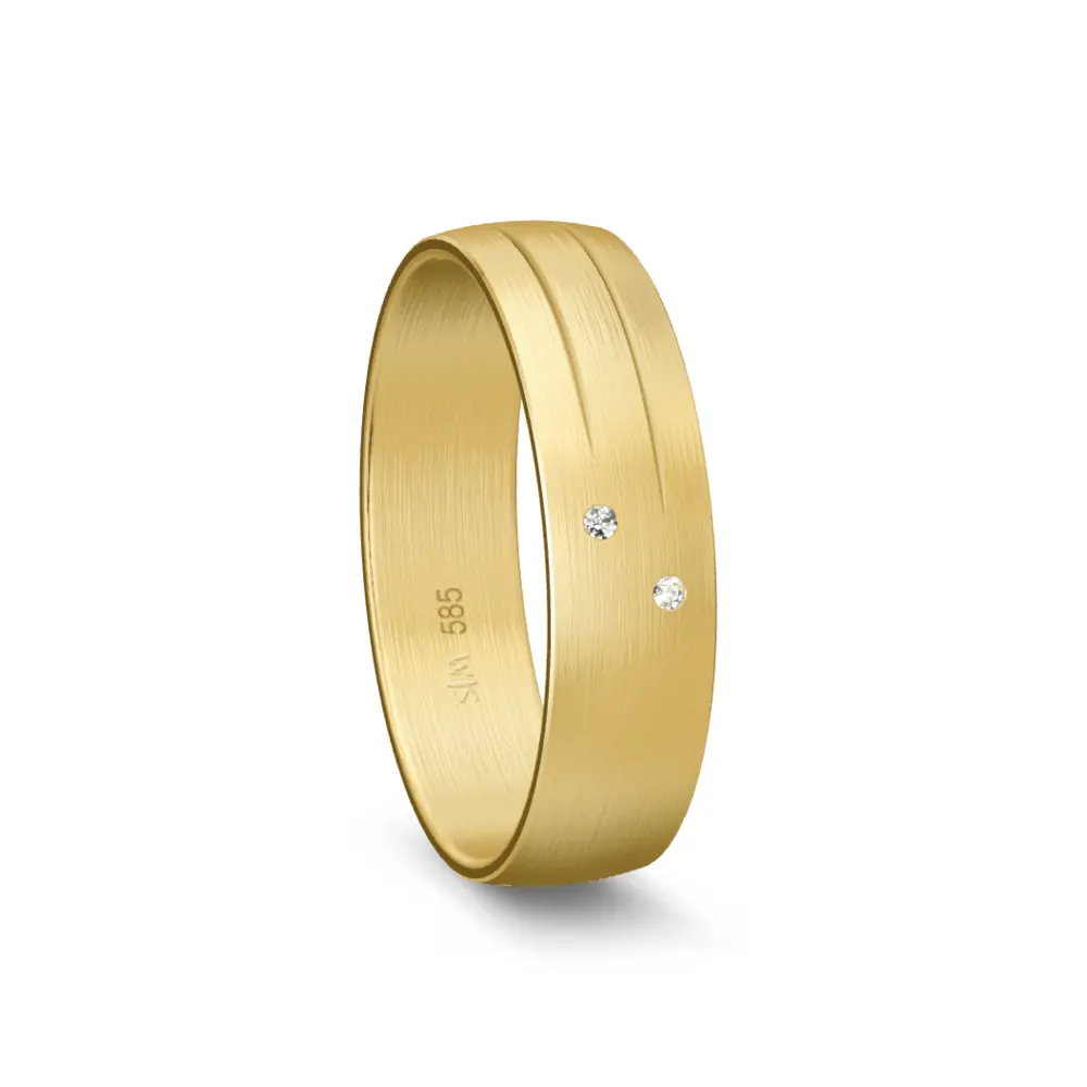 Gelbgold Ehering längstmattiert mit 2 Rillen und 2 Diamanten