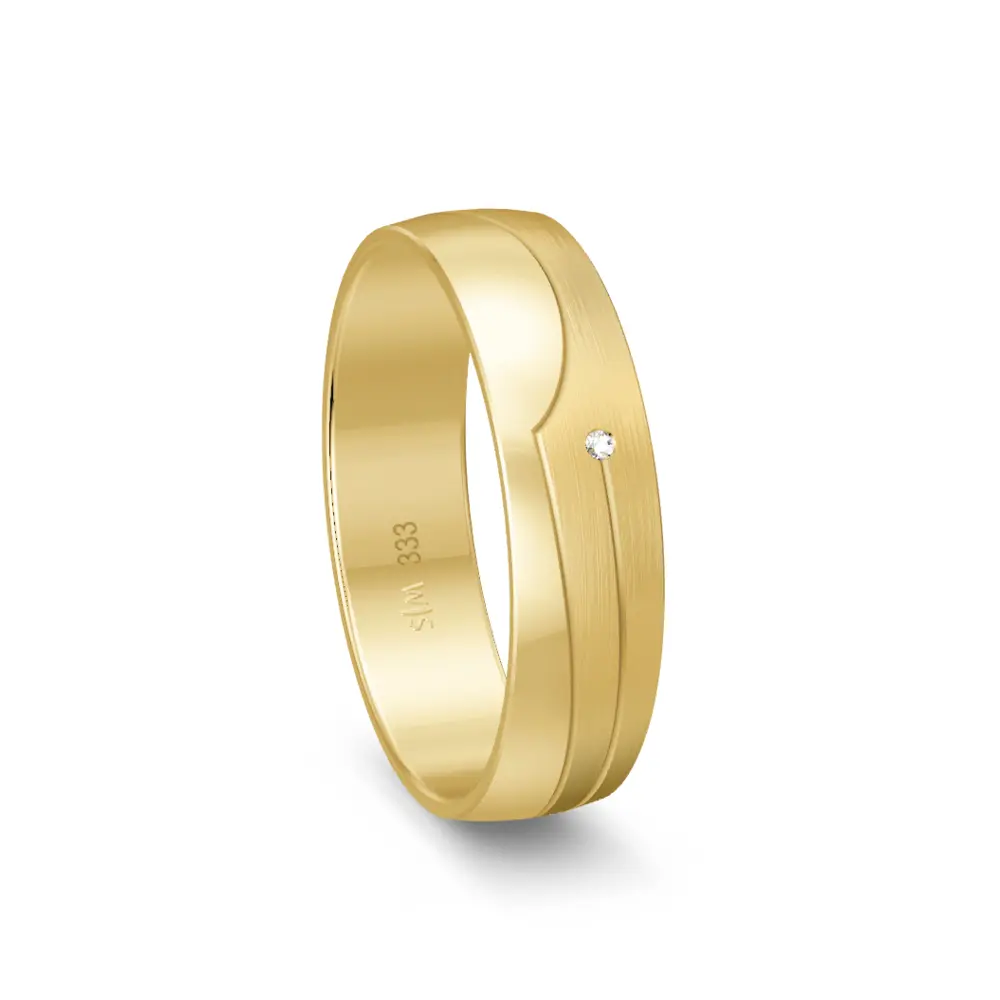 Gelbgold Trauring matt poliert mit Rillendesign und Diamant