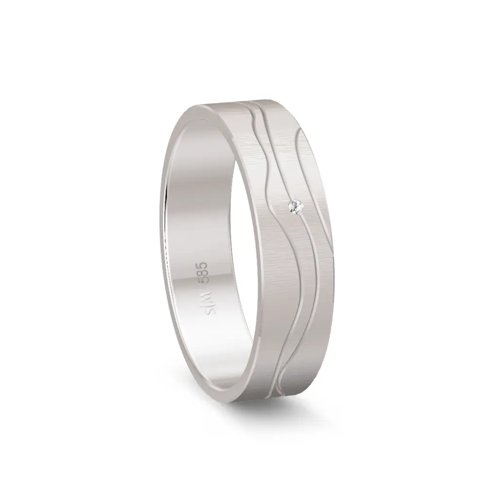 Strukturierter Weissgold Trauring mit Diamant und polierten Rillen