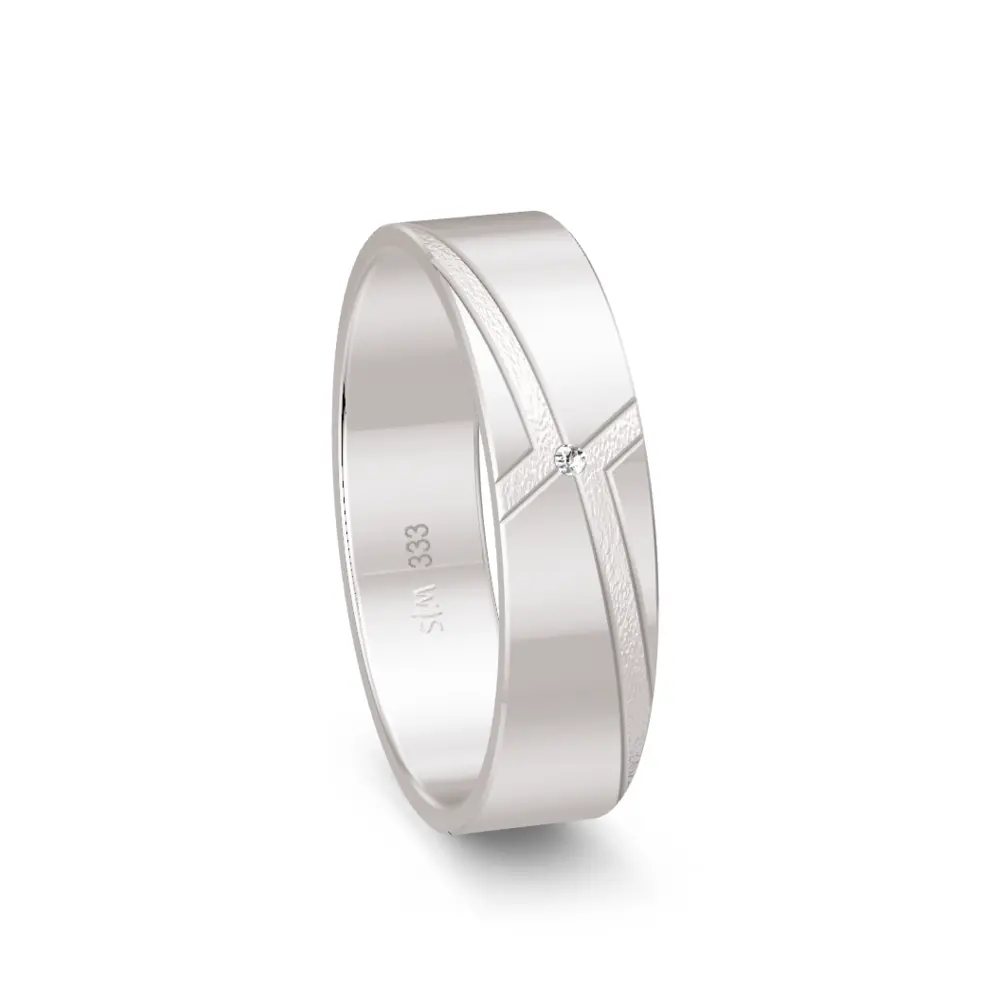 Weissgold Trauring poliert mit Diamant und mattem Kreuzdesign