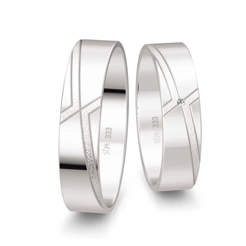 Weissgold Trauringe poliert mit Diamant und mattem Kreuzdesign