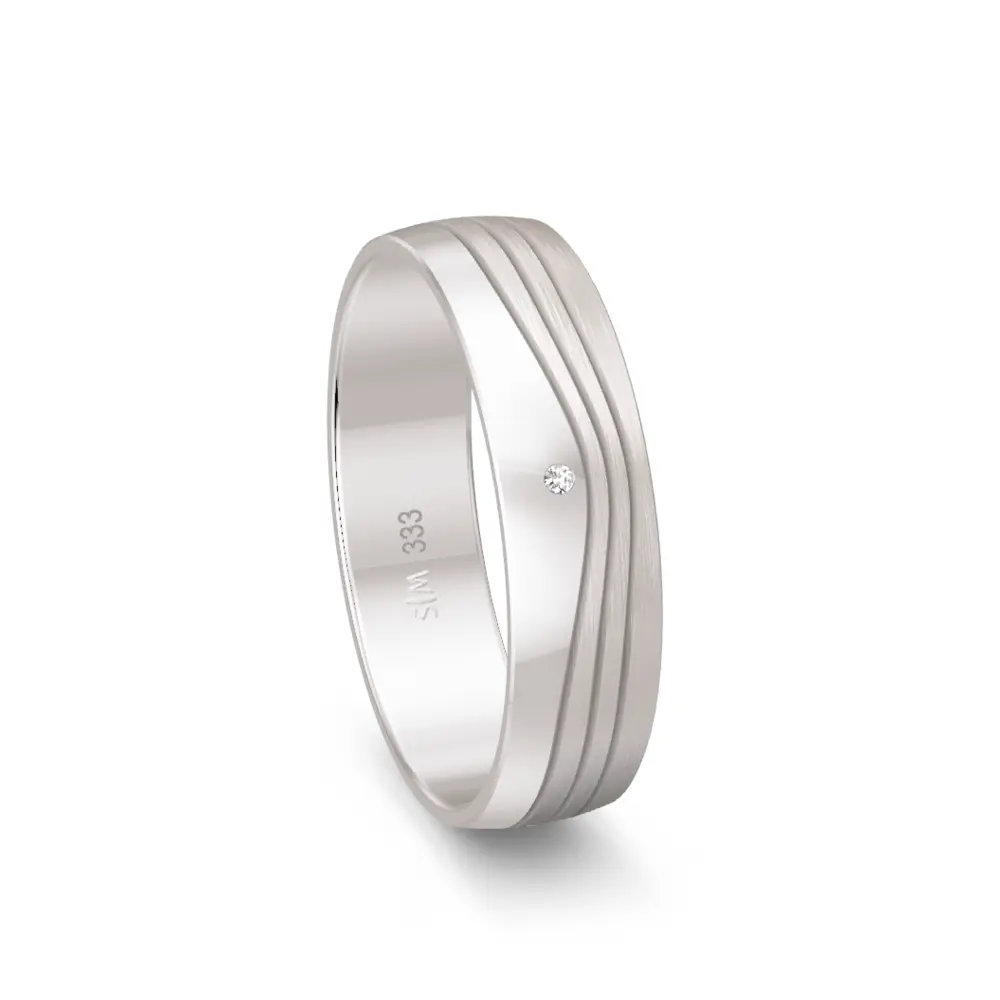 Weissgold Trauring mit Diamant und welligem Rillenmuster