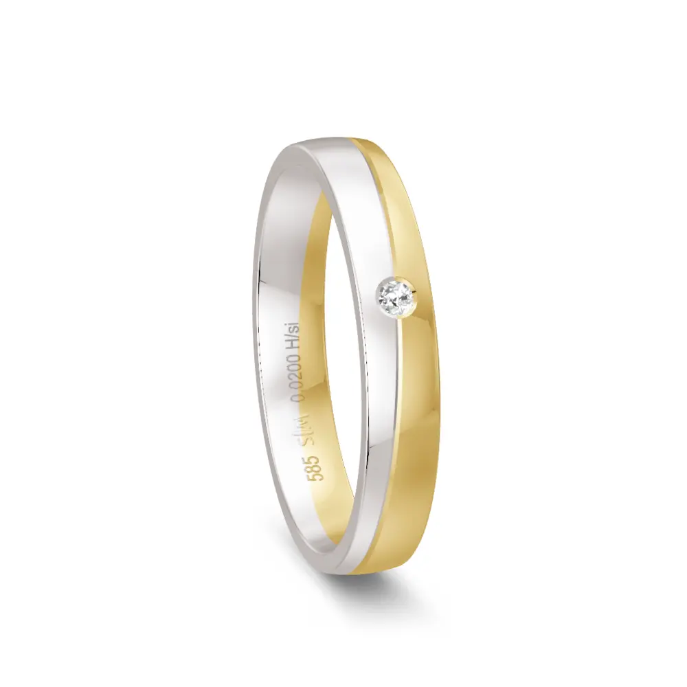 Weissgold und Gelbgold Trauring poliert mit Diamant