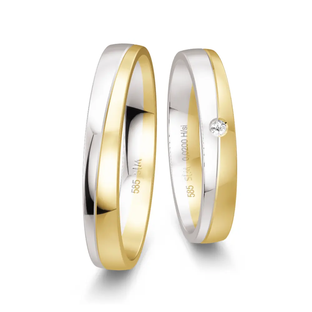 Weissgold und Gelbgold Trauringe poliert mit Diamant