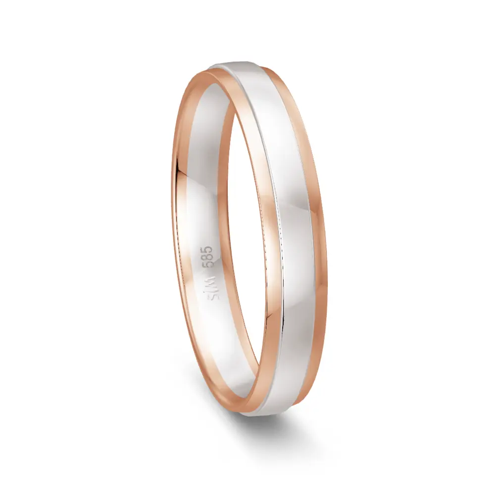 Weissgold Trauring mit Rotgold Rand poliert