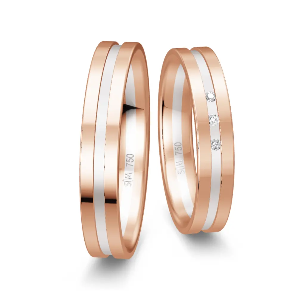 Eheringe in Rotgold und Weißgold poliert mit 3 Diamanten