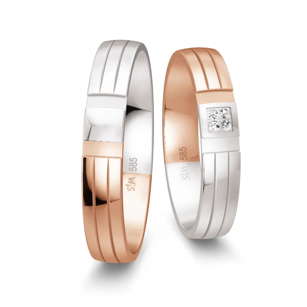 Rotgold und Weißgold Trauringe mit Quadrat von 4 Diamanten
