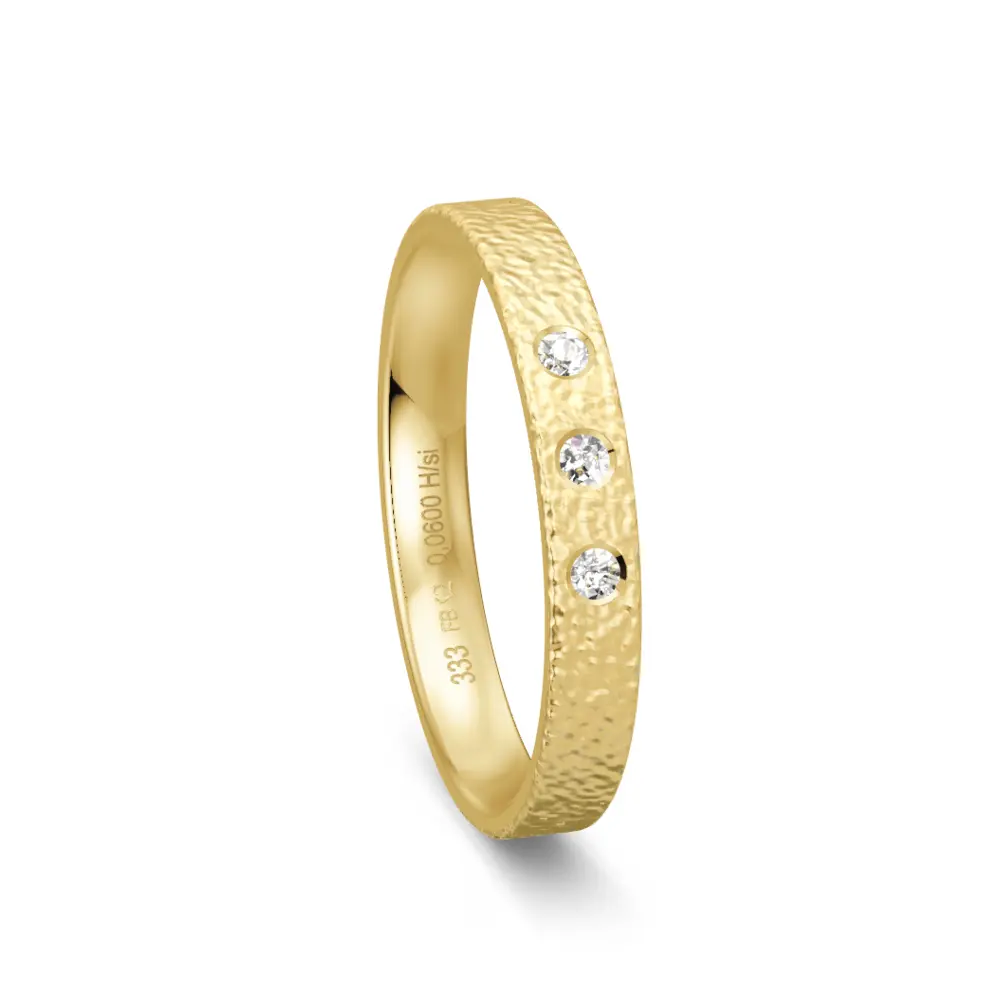 Gelbgold Ehering 3 mm breit mit 3 Diamanten und Strukturierung