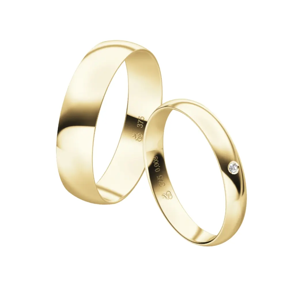 Edel polierte Eheringe aus Gelbgold mit Diamanten in zwei Breiten 3 mm und 5 mm und Diamant