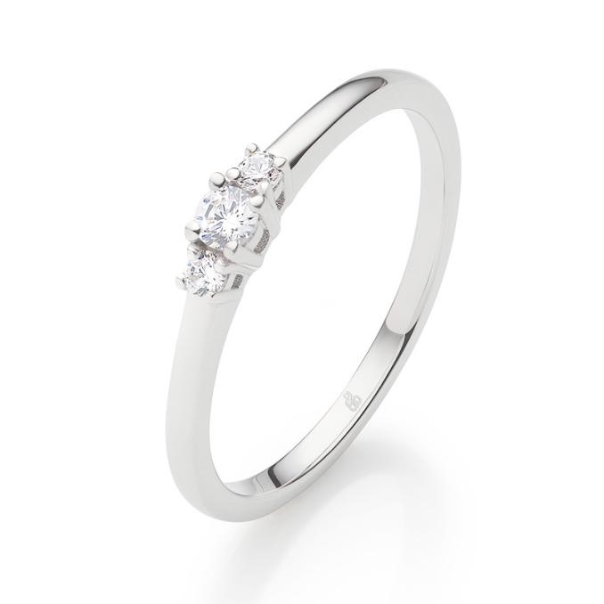 Auffälliger Solitairering aus Weissgold 375 mit drei Diamanten  8115