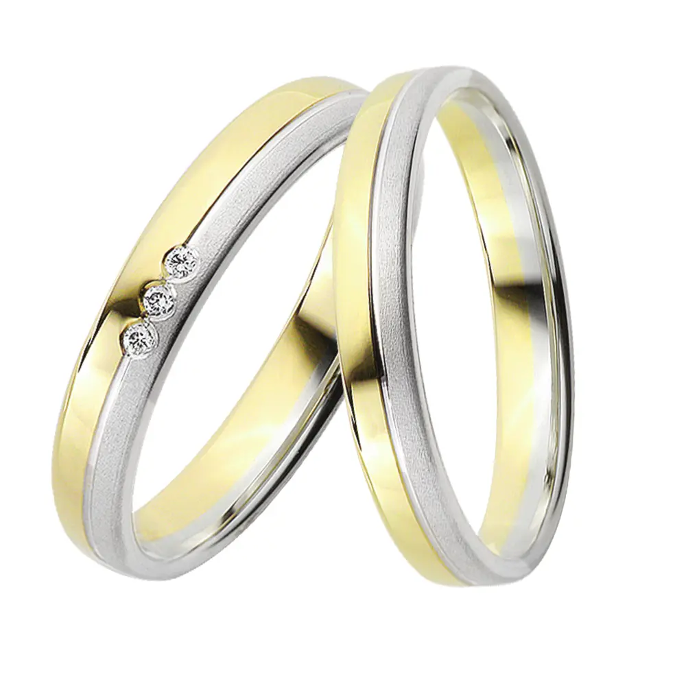 Gelbgold und Weissgold Eheringen mit Diamanten, Polierung und Sandmattierung