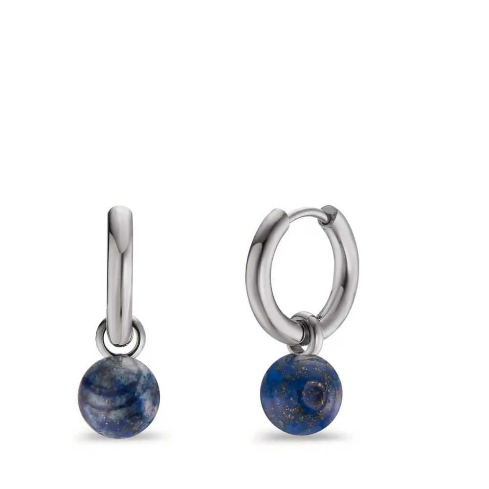 Edelstahl Creolen mit Perlen aus Lapislazuli und Polierung seitlich