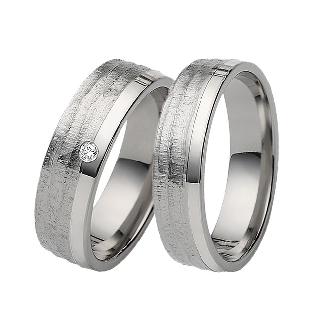 Edelstahl Silber Ringe Partnerringe strukturierte Oberfläche Diamant