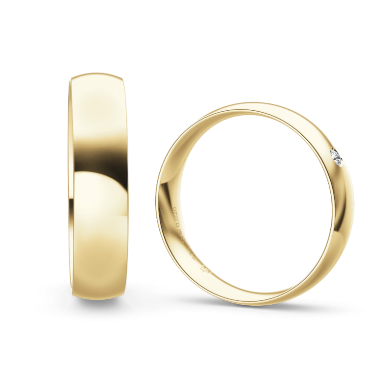Eheringe aus Gelbgold mit glänzender Polierung und einem Diamanten Seitenansicht 9151