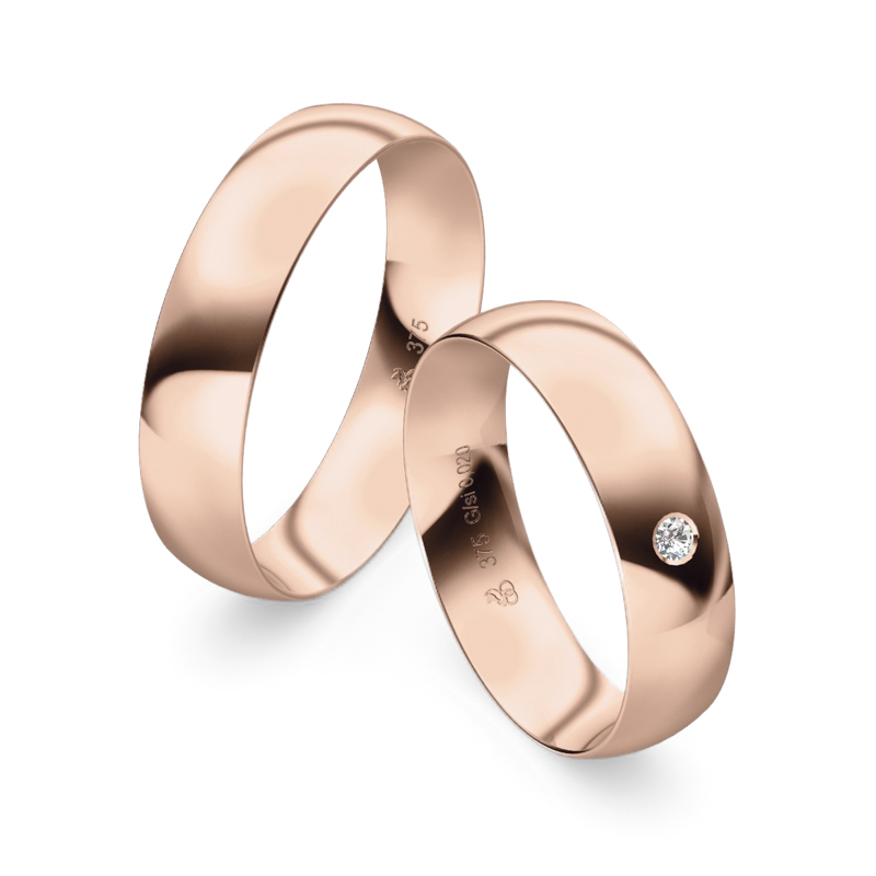 Eheringe aus Roségold mit strahlender Polierung und einem Diamanten 9219