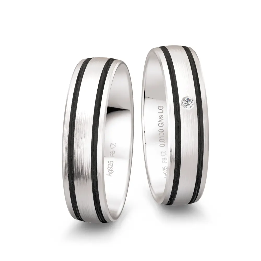 925er Silber Trauringe mit schmalen Carbonstreifen und Labor-Diamant