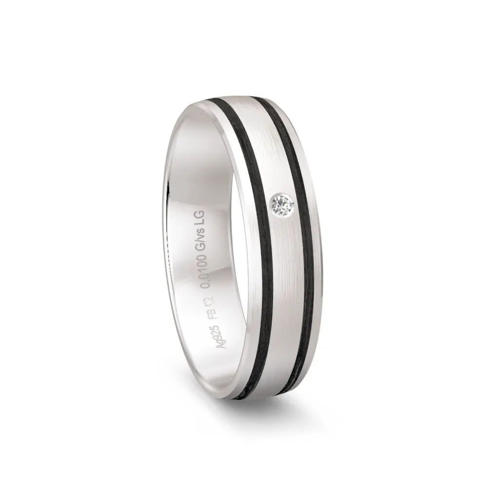 925er Silber Trauring mit schmalen Carbonstreifen und Labor-Diamant